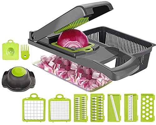 Bugucat Cortador de Verduras Multifuncional, 8 en 1 (7 Cuchillas Intercambiables y 1 Separador de Proteínas), Cortador de Patatas, Cortador de Verduras en Juliana para Todas Las Verduras y Frutas