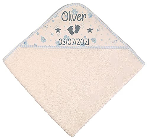 Alwaystrusted Personalised Gift Blue Elephant Baby Hooded Towel Grey Feet Name and Date Boy AT-SB56-15-CG