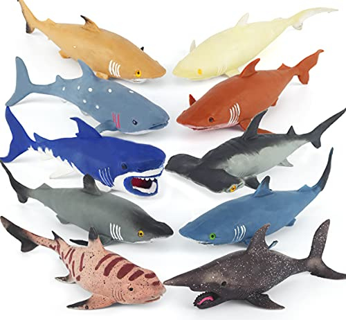 Axbotoy 10 Pack Shark Toys,8 Soft and Stretchy Realistic Shark Toy Set,Floating Bathtub Toys and Birthday Party Favors for Boys Girls Kids