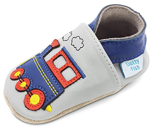 Dotty Fish Mjukt läder babyskor. Småbarnsskor för pojkar. Halkfria mockasulor. 0-6 månader - 4-5 år, Grått tåg