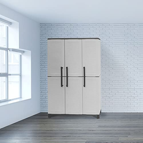 Dmora - Armadio da esterno Nandrin, Mobile porta scope, Armadietto da esterno 3 ante, 100% Made in Italy, 102x37h169 cm, Grigio chiaro e Nero, Finitura righe