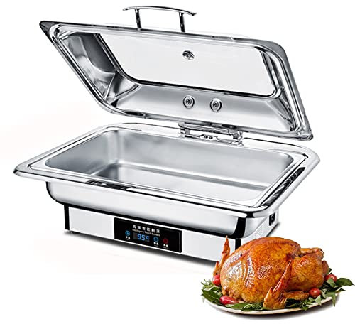 VFDZ Edelstahl Warmhaltebehälter, 600W Elektrisch Chafing Dish Buffet Chafer Set, Speisenwärmer für Catering, Buffet und Party, Transparente Sichtbare Obere Abdeckung, Temperaturregler