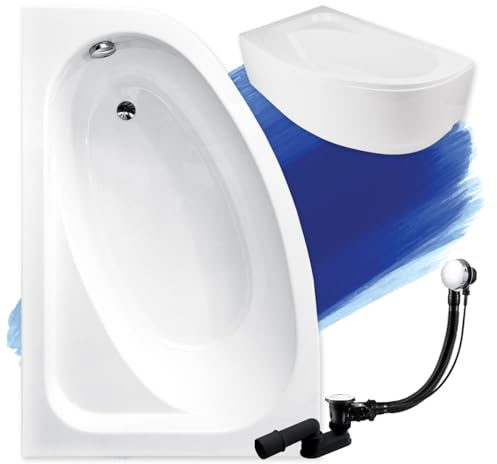 BADLAND Badewanne Original Weiß Acryl Wanne Eckbadewanne CORNEA 150x100 Links KOMPLETTSET SET mit Weiß Acrylschürze + Füßen und Exklusive Chrom Automatik Ablaufgarnitur Made in EU 4in1