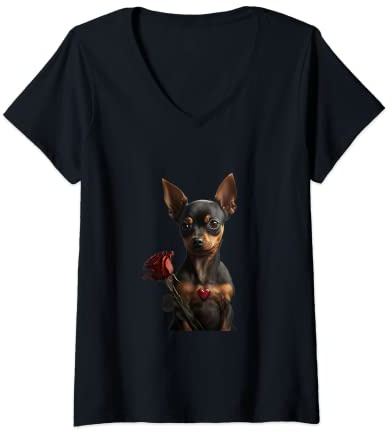 Femme Pinscher Nain Saint-Valentin - Pinscher Nain T-Shirt avec Col en V