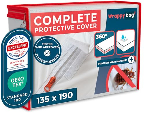 Wrappybag Bed Bug Mattress Protector - Waterproof Encasement 135x190x20 | 135x190x20 - lab-certified against bed bugs and dust mites, 100% airtight, free from chemical treatments, Oeko-Tex