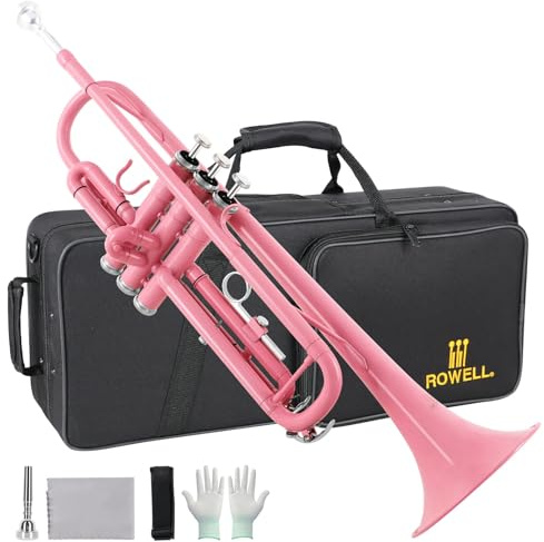 ROWELL Bb Standard Trumpet,Professional Brass Trumpets for Beginner,Standard Student Trumpet Set with Hard Case,7C Mouthpiece,Cleaning Kit,Gloves.(Pink)