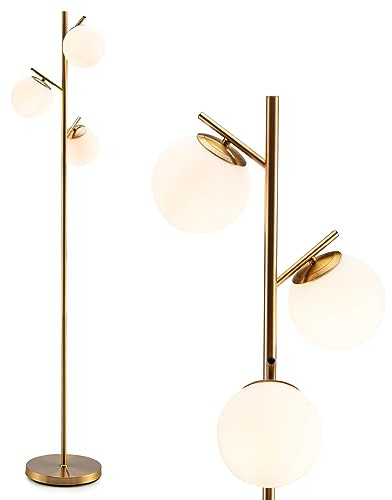 RELAX4LIFE Stehlampe, Stehleuchte 3-flammig, Standleuchte mit E27 Fassung & Fußschalter, Standlampe aus Metall, Leselampe für Wohnzimmer Arbeitszimmer Schlafzimmer, Gold