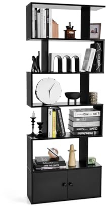 SOARS Bücherregal 6 Ebennen, Raumteiler Regal mit Türen, Holzregal mit Anti-Kipp-Vorrichtung, Standregal Aktenregal für Wohnzimmer, Büro, 70 x 23 x 183 cm (Schwarz)