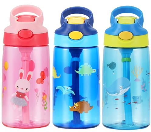 Trinkflasche Kinder, 480ml Kindertrinkflasche mit Strohhalm, BPA-freie Kinder-Wasserflaschen, Sportwasserflasche mit Auslaufsicherem Flip-Top-Deckel für Mädchen und Jungen BPA-frei (Blue Dinosaurs)