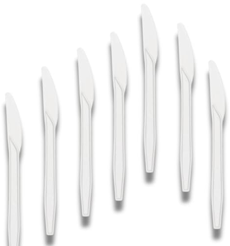 MAQA Set 100 coltelli riutilizzabili in plastica Bianca, coltelli bianchi per plastica alimentare, lavabili in lavastoviglie. per la casa e la cucina, Buffet per feste Matrimoni(19 cm - colore bianco)