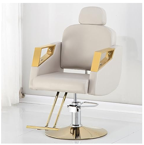 Llchaensc Friseurstuhl Mit Kopfstütze, Friseursessel Höhenverstellbar Kippbar Für Herren Damen, Friseureinrichtung Bedienungsstuhl Vintage Retro, Kunstleder,Beige,A