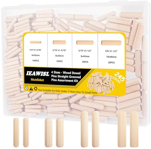245Pcs Wooden Dowel Pins, 6/25inch 5/16inch 3/8inch(6mm, 8mm, 10mm), Fluted Wood Dowels Rods for Crafts, Furniture, DIY Manual