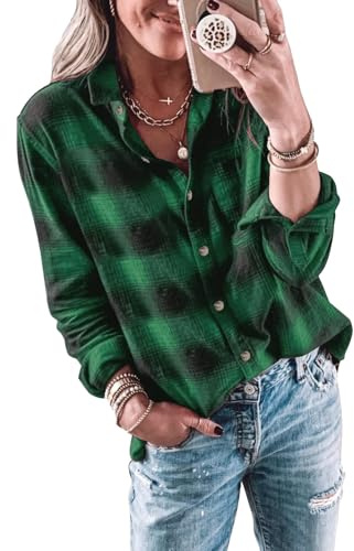 Imily Bela Camicetta da Donna a Quadri Camicia a Maniche Lunghe Casual Maglietta a Manica Lunga Camicia in Flanella Camicia a Quadri con Bottoni Manica Lunga Top., verde, L