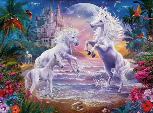 Malen nach Zahlen Erwachsene,Strand-Einhorn-Schloss DIY Digital Ölgemälde Kits für Kinder Anfänger auf Leinwand mit Pinseln und Acrylpigment Ohne Rahmen für Home Wall Decor 50x65cm