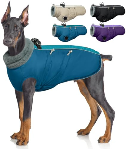 IDOMIK Warm Dog Coat with Harness, Waterproof Reflective Dog Jackets for Small Medium Large Dogs, Fleece High Collar Winter Jacket with Zipper, Pet Winter Snowsuit Clothes for Cold Weather,Blue XL