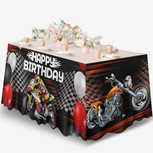 Junliang Motorcycle Table Skirt Race Checkered Happy Birthday Table Cover Decorations for Racing Theme Birthday Party Decor Picnic Camping Supplies Favors