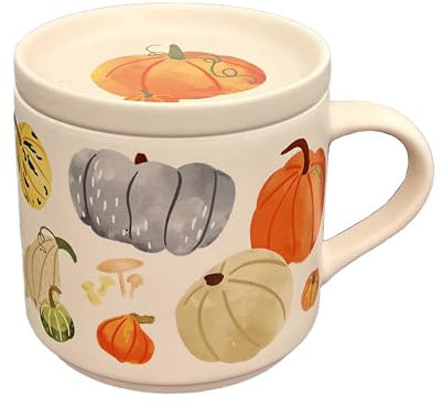 Set Tazza in Porcellana e Sottobicchiere/Coperchio 2 in 1 - Zucca - Autumn Harvest, Grande - Tè, Colazione, Caffè