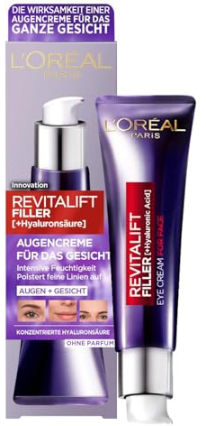 L'Oréal Paris Hyaluron Augenpflege, Anti-Aging Augencreme für das Gesicht, Anti-Falten und Volumen, Mit Hyaluronsäure, Vitamin CG & E, Revitalift Filler, 30 ml (Packung mit 10)