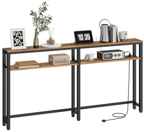 HOOBRO 180 cm Console Table with Adjustable Shelf, Long Slim Hallway Table with Charging Station, 2 Outlets and 2 USB Ports, Behind Sofe Table for Hallway, Living Room, Rustic Brown EBF182KXG01G1