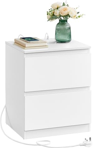 VASAGLE Collection - Nightstand with Charging Station, Bedside Table with Drawers, Side End Table, 2 AC Outlets, 2 USB Ports, for Living Room, Bedroom, Study, Cloud White KAILYN LET621W01