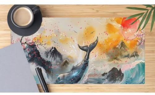 Whale Mouse Mat Large Desk Mat 59.1x23.6 Inch, Japan Mouse Pad Gaming Mousepad, Waterproof Keyboard Mat, Durable Desk Pad, Soft, Non-Slip Rubber Base Mouse Mats for Desk Office Gaming Home Decor M539