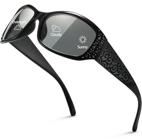 TJUTR Polarisierte Selbsttönende Sonnenbrille für Damen mit UV400 Schutz Adaptive Lens und Strass Dekoration Wellenmuster Bügel für Autofahren, Sport & Alltag