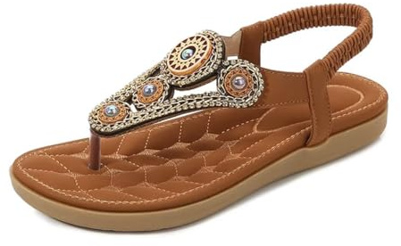 SincereWay Femmes D’Été Sandales Plates Casual Confortable T-Strap Tongs Avec Sangle De Cheville Élastique Pour La Plage