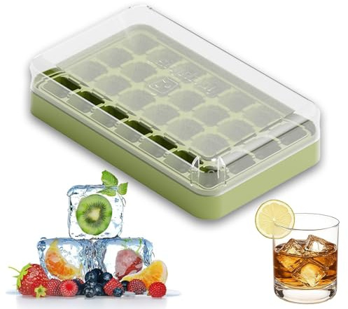 Eiswürfelform Silikon, Stapelbar Ice Cube Tray, Eiswürfelform mit Deckel, Eiswürfelbehälter Wiederverwendbar, für Bier, Kaffee, Saft, Gefrierschrank, Whisky, Cocktail, Getränke (Grün) (N)