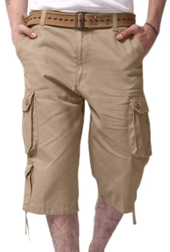RLEHJN 3/4 Length Cargo Shorts Men UK Sale Clearance, Mens Summer Shorts Elasticated Waist Casual Lightweight Cropped Trousers Solid Color Drawstring Three Quarter Pants with Multi Pockets Beige