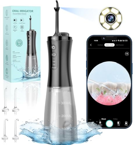 VITCOCO Irrigador Dental Inteligente con Cámara, 12 Modos de Presión de Agua y 5 Boquillas Reemplazables, Depósito de Agua de 350 ml Ganador de la Prueba, Recargable por USB, Impermeable IPX7 (Negro)