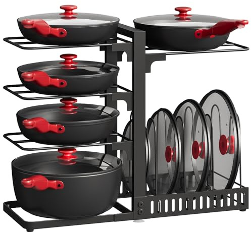CHOEZON Pot and Pan Organizer Rack with Lid Storage, Heavy Duty Adjustable Pot Storage Organizer with Suction Cups and Adjustable Feet, for Kitchen Counter and Cabinet, Black DTPR40BB