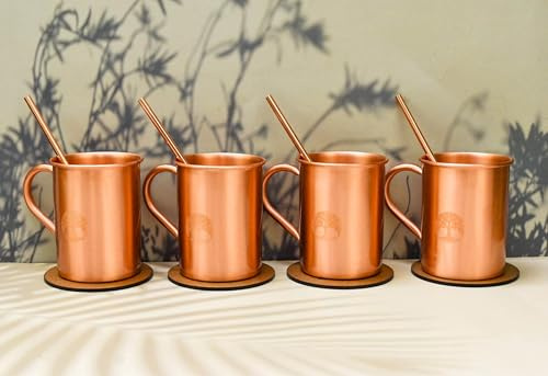 India House Moscow Mule Copper Mugs – Set med 4 livsträd solida kopparglas set 40 ml matsäker cocktail kopp set med premium kvalitet sugrör och underlägg för kalla drycker, öl, viner, barer