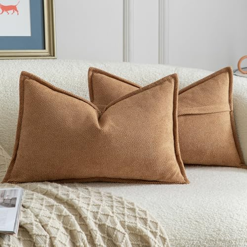 Madizz Juego de 2 Suave Chenilla Decorativo Funda de cojíns con Borde Neutras Fundas de Almohada Boho para Sofá Dormitorio Salón Camello Rectangular 30 x 50 cm