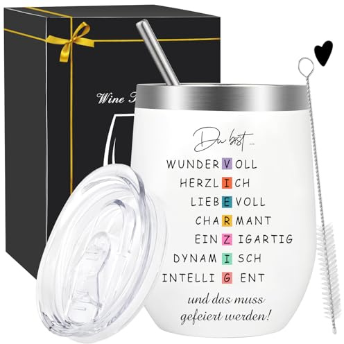 ZJKUBOIS Geschenke für Frauen 40 Geburtstag, Edelstahl Thermobecher Set, Thermobecher mit Spruch, Trinkbecher To Go, 12oz 350ml Doppelwandig Weinbecher mit Deckel, Strohhalmpinsel & Geschenkbox