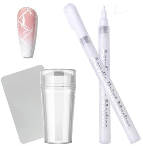 Nagellackstifte für Nägel - Weiß Schnelltrocknend und Wasserdicht Nagellack Stifte Set mit Silikonstempel und Schaber, ohne UV Lampe, Nail Art Pen für French Nails und Muster