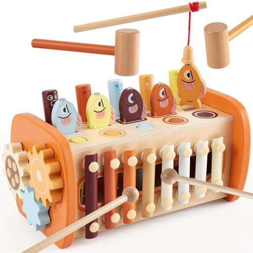 HYAKIDS Giochi Montessori 1 Anno, 6 in 1 Giocattoli in Legno Bambini, Acchiappa la Talpa, Xilofono, Gioco Pesca, Multiattivita Educativo, Regalo Compleanno 18+ Mesi Bambina Bambino