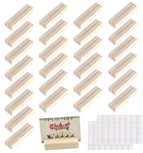 GOEDCH 26 Stück Kartenhalter Holz:10 x 3 x 2cm Tischkartenhalter Holz mit Doppelseitigen Klebstoff, Tischkartenhalter Buchenholz mit 2mm Schlitz für Hochzeiten, Bankette und Partys Fotoständer