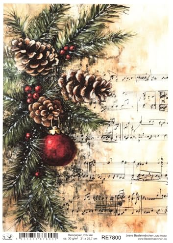 Josys Bastelmärchen Reispapier DIN A4 Strohseide Decoupage Weihnachten Vintage Notenblatt RE7800