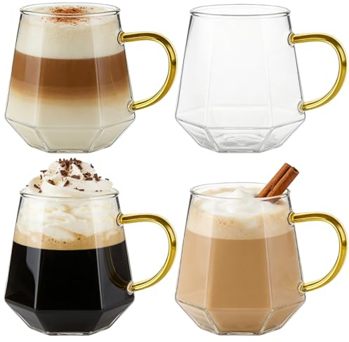 GBKDQQ Set di 4 bicchieri da caffè da 350 ml, in vetro trasparente con manico, in vetro borosilicato resistente al calore, per latte macchiato, espresso, cappuccino e latte
