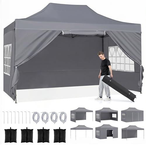 RELAX4LIFE Tonnelle Pliante avec 4 Parois Amovibles, 3x4,3M Barnum Pliant avec Porte Zippée Enroulable, Cadre en Acier au Carbone, Sac à Roulettes, Gazebo Tente de Réception pour Marché Événement,Gris