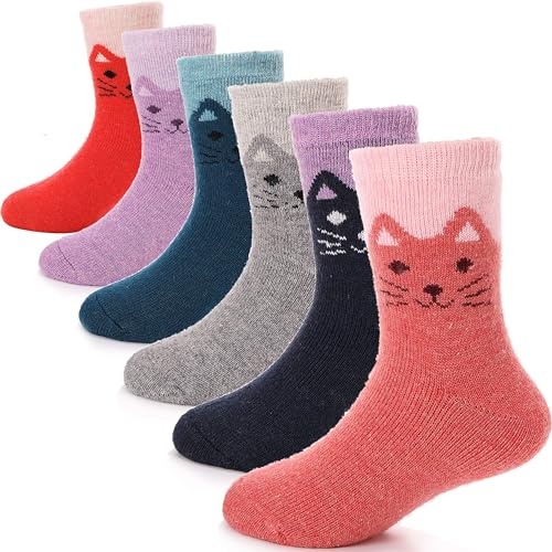 ANTSANG Calze da Trekking in Lana Merino per Bambini Neonati Ragazzi Ragazze Calde Spesse Termiche Crew da Stivale Pesanti Confortevoli Regalo 6 Paia(Gatto,22-26)