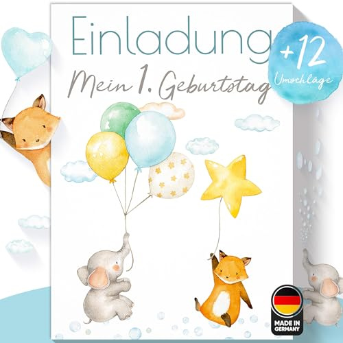 Olgs Ballon Party Einladungskarten, Elefant & Fuchs, 12er Set für Jungen, inkl. Umschläge, Perfekt für Kinder- & Babygeburtstag