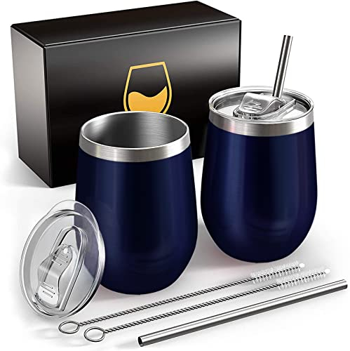 FloweryOcean Vasos de vino de acero inoxidable,2 copas de vino de 12 onzas para llevar,mantiene 5 h caliente/10 h frío,sin BPA,doble pared aislada al vacío,regalo de camping,azul