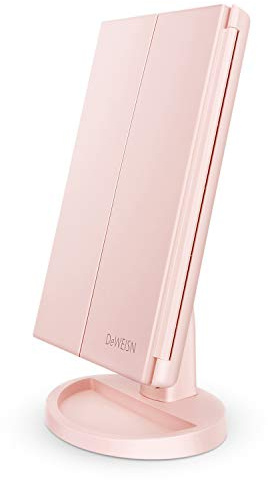 deweisn Tabletop Mount Tri-Fold Lighted Vanity Mirror with 21 LED Lights, Touch Screen and 3X/2X/1X Magnification, Two Power Supply Modes Make Up Mirror,Travel Mirror
