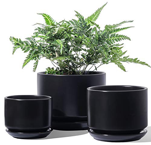 LE TAUCI Keramiska Blomkrukor för Växter, 10,5+13+17 cm Blomkrukor, Set med 3, Ytterkrukor med Dräneringshål och Fat, Inomhuskrukor med Dräneringsnät, Present till Mamma, Svart