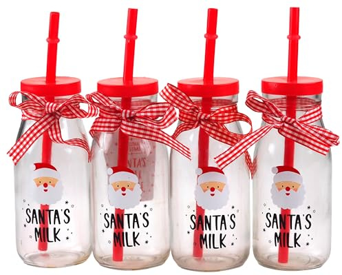 BWG Christmas Novelty Santa Milk Drinking Glass Bottles with Lid and Straw - Set of 4