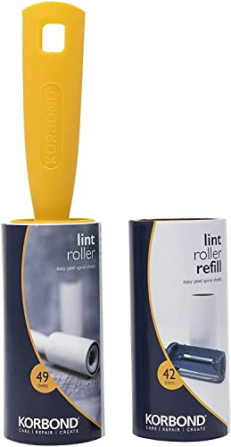 Korbond Lint Roller & Refill Set – 1 Lint Roller and 1 Large Lint Roller Refills – 91 Sheet Lint Rollers for Pet Hair - for ALL FABRIC TYPES - Pet Hair Remover Roller, White