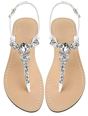 AIJIVOU Flache Damen-Sandalen mit Strasssteinen, Flip-Flops mit Clip, Zehenring, Perlen, Strass, Kristall, Juwelen, Sandalen, Schuhe für Sommer, Strand, Urlaub, Outdoor, Weiß#3, 36 EU