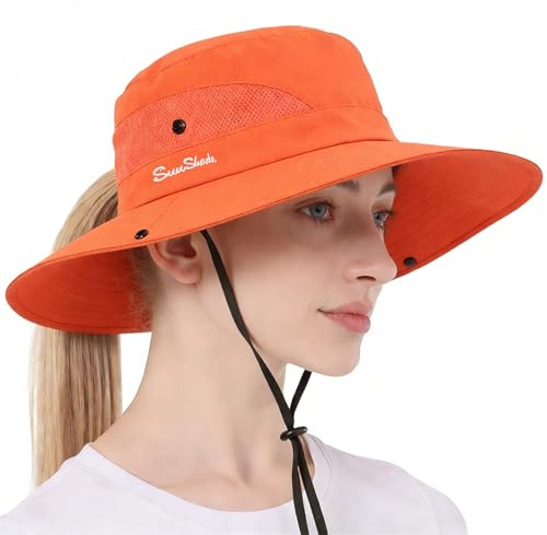 Pesaat Sonnenhut Damen UV Schutz Fischerhut knautschbarer Wasserfester Sommerhut mit Kinnband gartenhut Boonie hat damenfür Gartenarbeit Reisen Wandern Angeln (Orange-Einfarbig, Gr.Erwachsener)