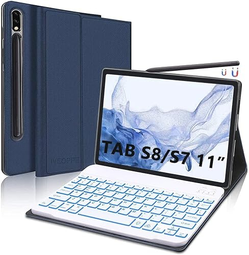 IVEOPPE Hülle Mit Beleuchteter QWERTZ Tastatur für Samsung Galaxy Tab S8/S7 11 Zoll, Magnetisch Abnehmbar, Blau
